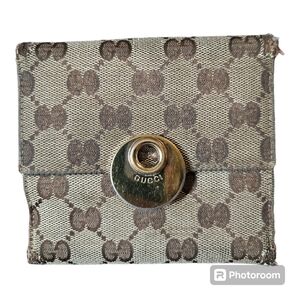 Gucci Monogram Eclipse Wallet Compact Canvas Leather Brown Cream